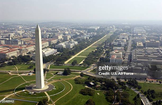 Aerial photo of the Washington Memorial with the Capitol in the background in Washington D.C. On September 26, 2003.