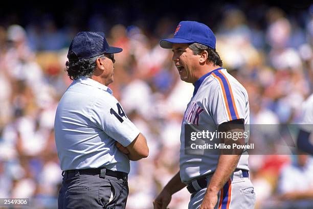 Manager Davey Johnson of the New York Mets argues with the umpire Frank Pulley during a game in the 1989 season.