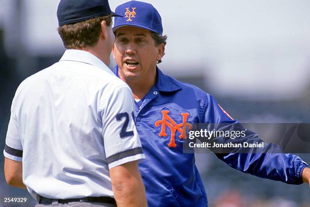 Manager Davey Johnson of the New York Mets argues with an umpire during a game in the 1990 season.