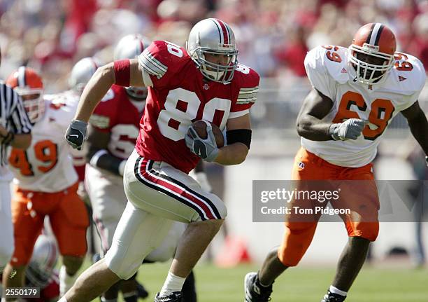 Tight end Ryan Hamby of the Ohio State University Buckeyes gains yards after catching a pass against the Bowling Green State University Falcons...