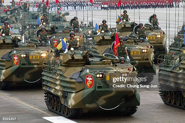 South Korean Army tanks parade during the 55th Armed Forces Day ceremony at the Sungnam military airport October 1, 2003 in Sungnam, South Korea....