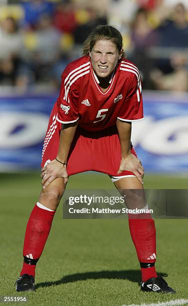 Midfielder Andrea Neil of Canada rests on the field during the FIFA Women's World Cup game against Germany at Crew Stadium on September 20, 2003 in...