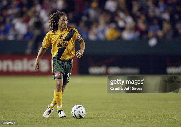 Cobi Jones of the Los Angeles Galaxy looks to make a play during a game against DC United on September 20, 2003 at the Home Depot Center in Carson,...