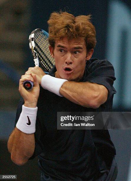 Waye Black of Zimbabwe in action against Marat Safin of Russia during the ATP and WTA Kremlin Cup October 1, 2003 at the Olympic Stadium in Moscow.