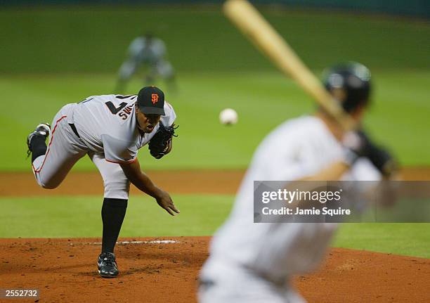 Starting pitcher Jerome Williams of the Houston Astros pitches to Jeff Kent of the San Francisco Giants during the game on September 22, 2003 at...