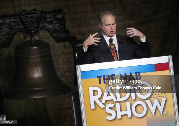 Radio talk show host Rush Limbaugh makes remarks at the National Association of Broadcasters October 2, 2003 in Philadelphia, Pennsylvania. Limbaugh...