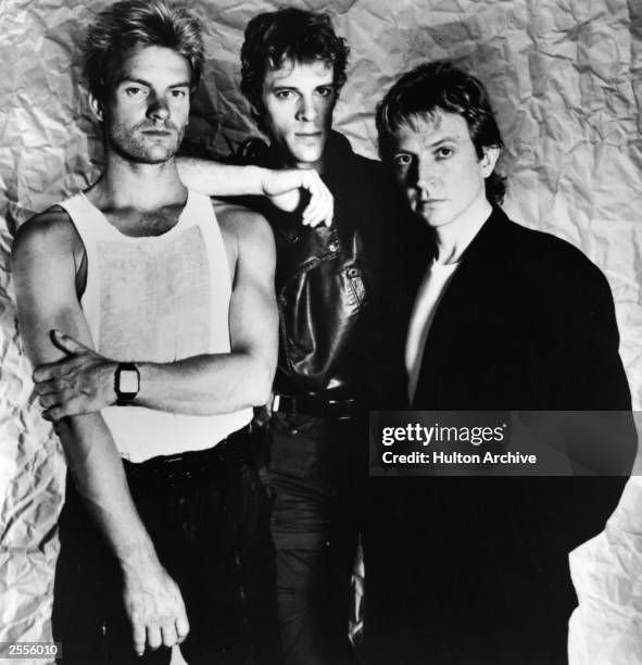 Promotional portrait of the British rock band The police " Sting, Stewart Copeland, and Andy Summers, circa 1983.