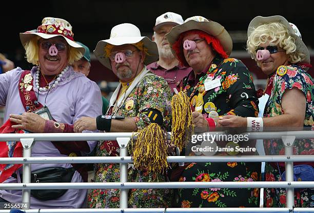 The Hogettes cheer on the Redskins during a game between the New England Patriots and the Washington Redskins on September 28, 2003 at FedEx Field in...