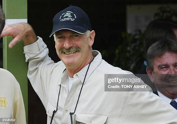 Former Australian test great, fast bowler Dennis Lillee watches the match between Zimbabwe and an Australian Cricket Board Chairman's X1 at Lilac...