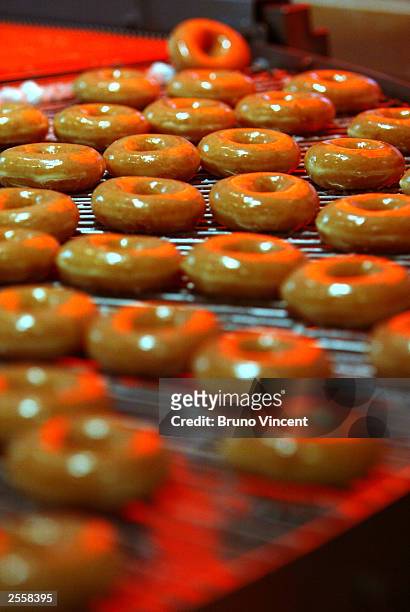 Doughnuts roll off the production line at the opening of the first Krispy Kreme shop in Harrods department store October 3, 2003 in London.