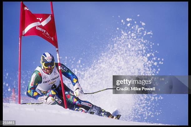 Alberto Tomba of Italy performs during the World Cup Slalom event in Park City, Utah. Mandatory Credit: Mike Powell /Allsport