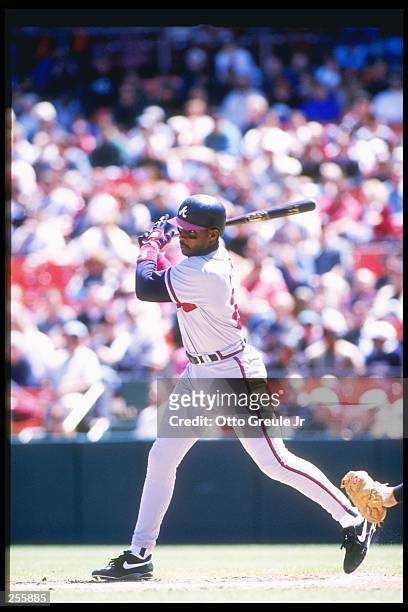 First basemen Fred McGriff of the Atlanta Braves swings at the ball during a game against the San Francisco Giants at 3Comm Park in San Francisco,...