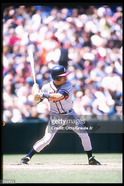 Second baseman Mark Lemke of the Atlanta Braves swings at the ball during a game against the San Francisco Giants at 3Comm Park in San Francisco,...