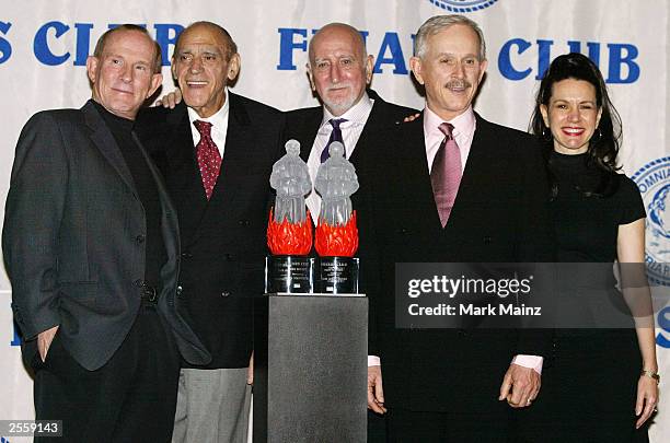 Tom Smothers, actor Abe Vigoda, actor Dominic Chianese, Dick Smothers and roastmaster Susie Essman pose during "Friars Club 2003 Celebrity Roast of...