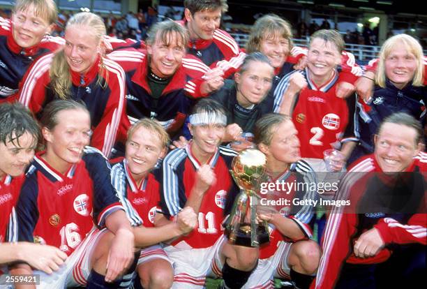 Team Norway celebrate their 2-0 victory over team Germany during the Women's World Cup.