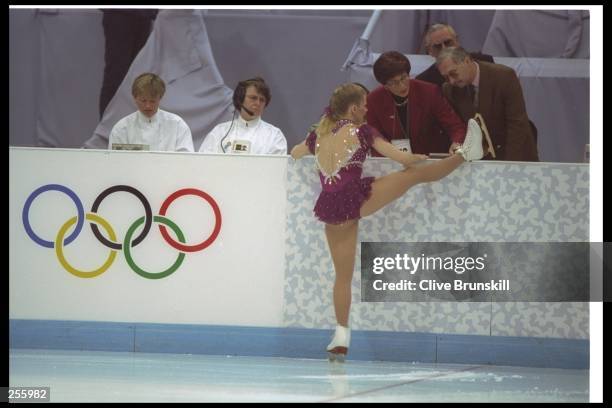 Tonya Harding of the USA interupts her routinue in order to have her laces check at the Winter Olympics in Lillehammer, Norway. Mandatory Credit:...