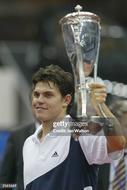 Taylor Dent of USA celebrates after winning the men's final match against Sargis Sargsian of Armenia during the ATP and WTA Kremlin Cup at the...