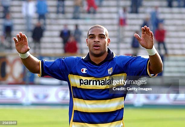 Adriano of Parma celebrates after scoring a goal during the Serie A match between Parma and Sampdoria at the Tardinin Stadium October 5, 2003 in...
