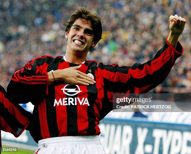 Milan AC's midfielder Kaka jubilates after scoring his team's second goal during the Italian Serie A match 05 October 2003 at San Siro stadium in...