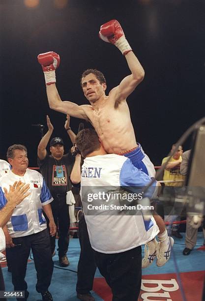 Gernard Hernandez celebrates after winning match against Azumah Nelson at Memorial Coliseum in Corpus Christie, Texas. Hernandez won the fight by a...