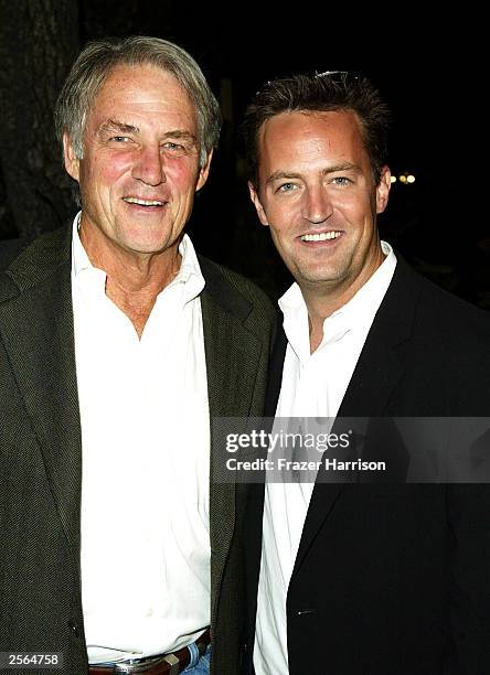 Actor Matthew Perry and father John Bennett Perry, Executive Producers of the new play 'The Whole Banana', pose together at The Court Theater on...
