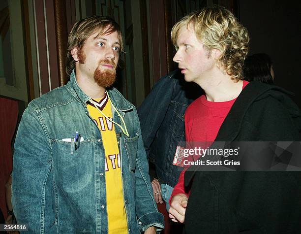 The Black Keys guitarist Dan Auerbach and Singer Beck chat backstage at the 3rd Annual Shortlist Concert at The Wiltern, October 5, 2003 in Los...