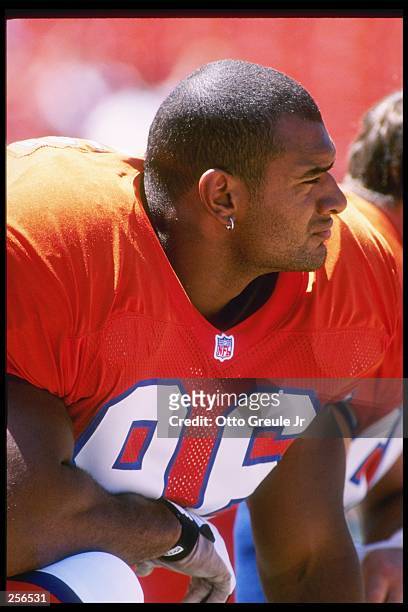 Defensive lineman Harald Hasselbach of the Denver Broncos looks on during a preseason game against the San Francisco 49ers at 3Com Park in San...