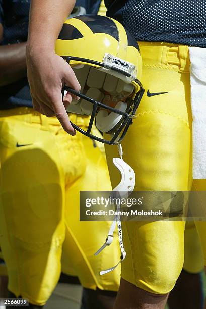 Detail of a University of Michigan Wolverines helmet before the game against the Indiana University at Bloomington Hoosiers, at Michigan Stadium on...