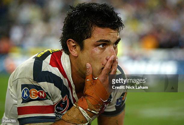 Dejected Craig Wing of the Roosters watches the presentation during the NRL Grand Final between the Sydney Roosters and the Penrith Panthers at...