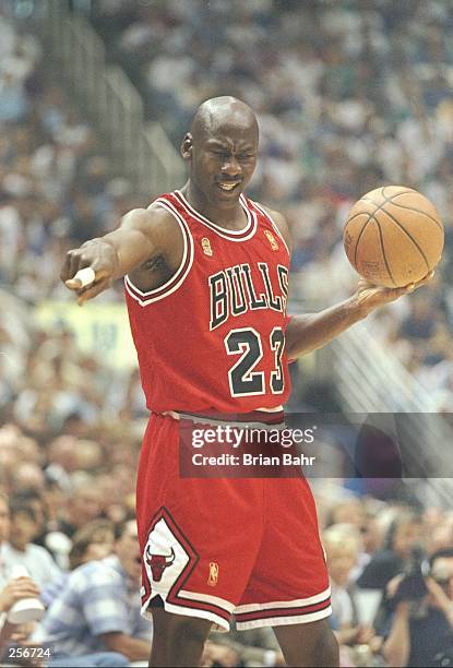 Michael Jordan of the Chicago Bulls during the Bulls 90-88 win over the Utah Jazz in Game 5 of the NBA Finals at the Delta Center in Salt Lake City,...