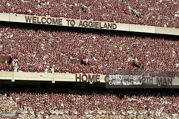 Texas A&M University Aggies fans cheer against the University of Pittsburgh Panthers at Kyle Field on September 27, 2003 in College Station, Texas....