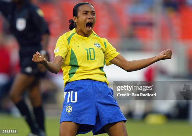 Forward Marta of Brazil celebrates her goal against Norway during the FIFA Women's World Cup Group B match at RFK Memorial Stadium on September 24,...