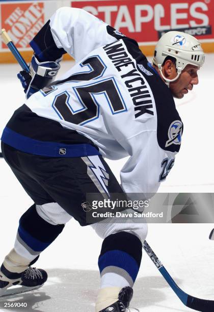 Forward Dave Andreychuk of the Tampa Bay Lightning gets set for a face-off against the Buffalo Sabres during the preseason NHL game on September 30,...