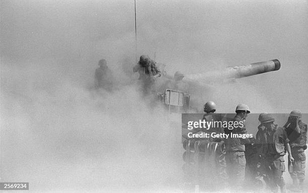 An Israeli army long-range 203mm canon firing at Syrian targets October 11, 1973 on the Golan Heights during the Yom Kippur War. Israeli Prime...