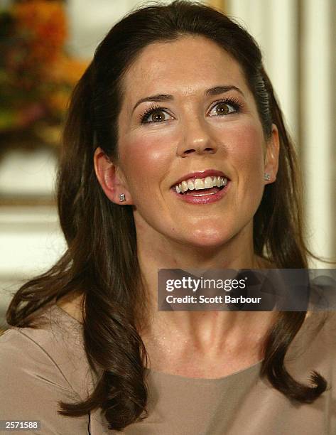 Mary Elizabeth Donaldson smiles during a press conference at Fredensborg Castle October 8, 2003 in Copenhagen, Denmark. His Royal Highness Crown...