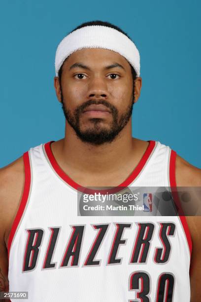 Rasheed Wallace of the Portland Trail Blazers poses for a portrait during NBA Media day at the Blazers Practice Facility on October 2, 2003 in...