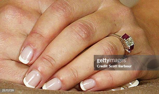 An engagement ring is seen on the finger of Mary Elizabeth Donaldson as she sits next to His Royal Highness Crown Prince Frederik of Denmark during a...