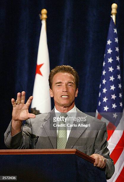 California Governor-elect Arnold Schwarzenegger addresses the news media the day after winning the recall election in a landslide October 8, 2003 in...