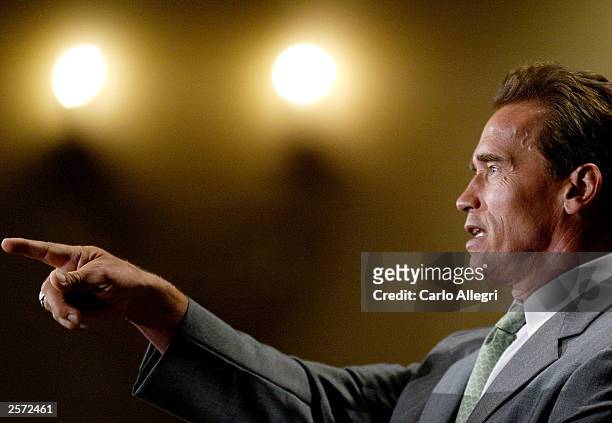 California Governor-elect Arnold Schwarzenegger addresses the news media the day after winning the recall election in a landslide October 8, 2003 in...