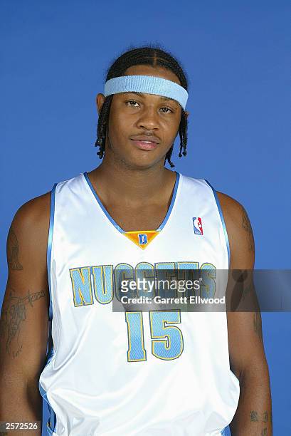 Carmelo Anthony of the Denver Nuggets poses for a portrait during NBA Media Day at the Pepsi Center on October 2, 2003 in Denver, Colorado. NOTE TO...