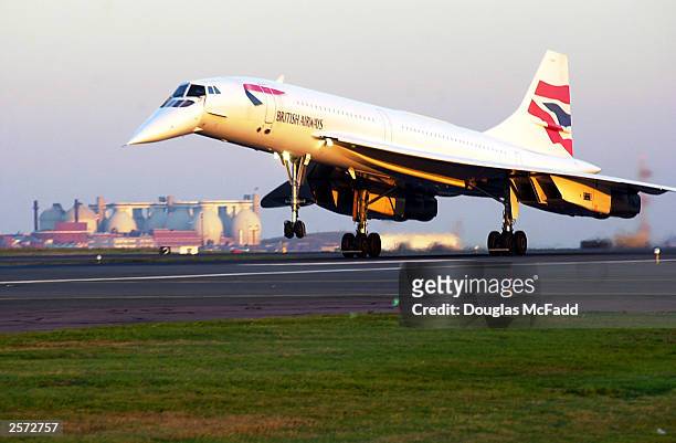 British Airways Concorde Flight 1215 arrives at Logan International Airport from London October 8, 2003 in Boston, Massachusetts. Boston is one of...