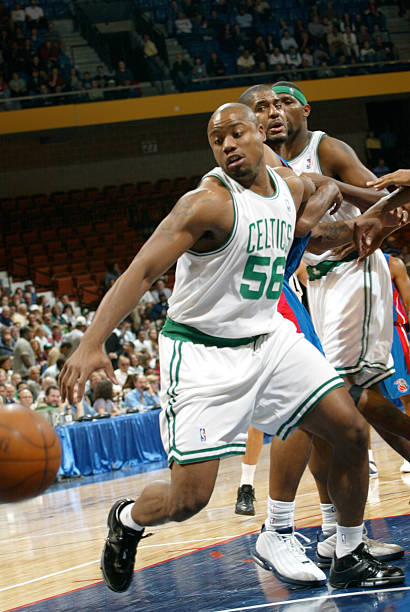 Brandon Hunter of the Boston Celtics in action against the Detroit Pistons during a preseason NBA game October 8, 2003 at the Mohegan Sun Arena in...