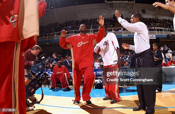 LeBron James, the number one overall draft pick, is introduced before the Cleveland Cavaliers game against the Atlanta Hawks at the Asheville Civic...