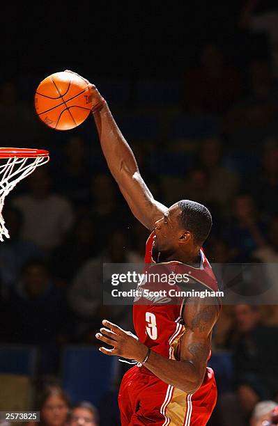 LeBron James, the number one overall draft pick, of the Cleveland Cavaliers dunks against the Atlanta Hawks at the Asheville Civic Center on October...