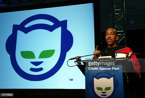 Recording artist Ludacris speaks October 9, 2003 during the launch of Napster 2.0 in New York City. The new Napster service will be available in the...