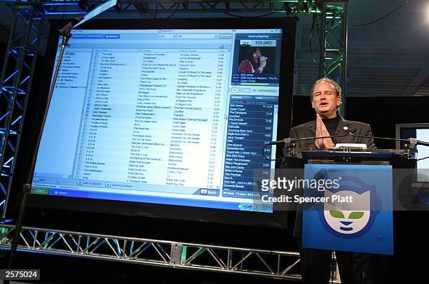 Of Roxio, the parent company of Napster, Chris Gorog speaks October 9, 2003 during the launch of Napster 2.0 in New York City. The new Napster...