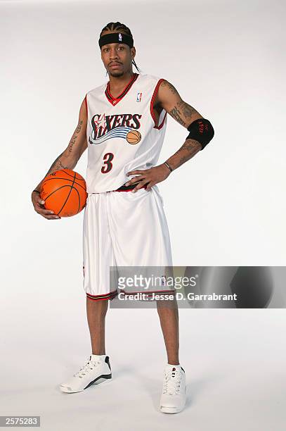 Allen Iverson of the Philadelphia 76ers poses for a portrait during NBA Media Day on September 30, 2003 in Philadelphia, Pennsylvania. NOTE TO USER:...