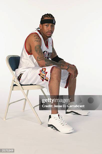 Allen Iverson of the Philadelphia 76ers poses for a portrait during NBA Media Day on September 30, 2003 in Philadelphia, Pennsylvania. NOTE TO USER:...