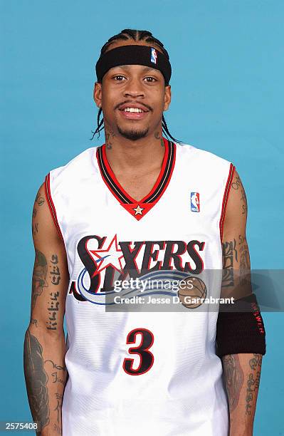 Allen Iverson of the Philadelphia 76ers poses for a portrait during NBA Media Day on September 30, 2003 in Philadelphia, Pennsylvania. NOTE TO USER:...