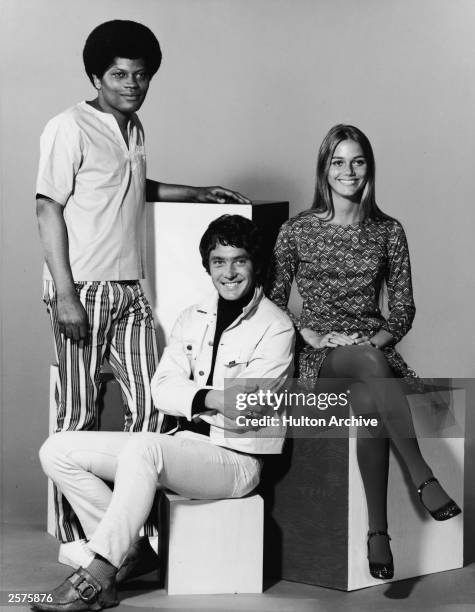 Promotional studio portrait of actors Clarence Williams III , Michael Cole, Peggy Lipton for the television series, 'The Mod Squad,' c. 1968.